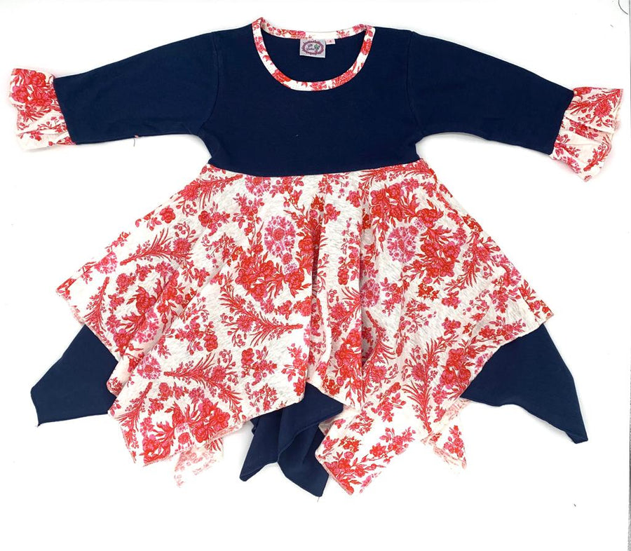 Girls & Dolls matching Dress| Off-white with pink and red florals and dark navy