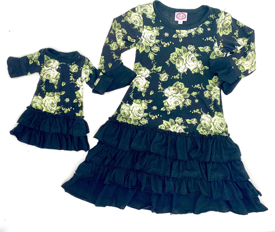 Girls & Dolls matching Dress|  Black with Off-white Green Roses