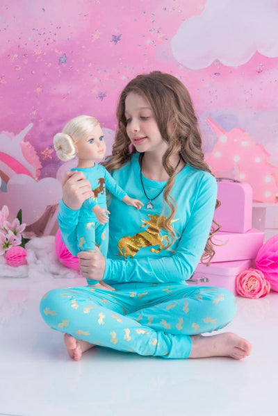 Girls and Dolls Matching Gold Sequin Unicorn 4 Piece Pyjama Sets