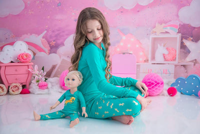 Girls and Dolls Matching Gold Sequin Unicorn 4 Piece Pyjama Sets.