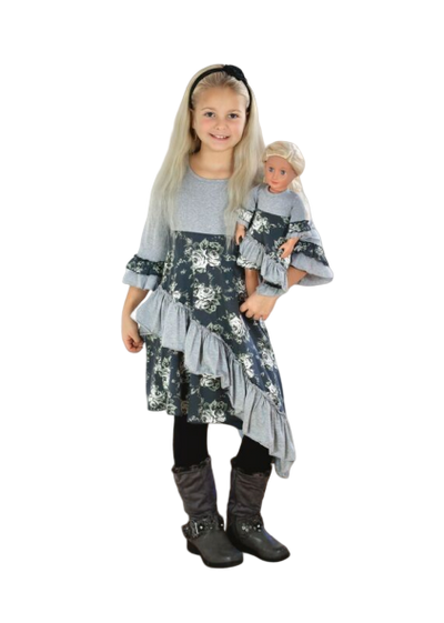 Girls & Dolls matching Dress| Light Grey and Charcoal with Monochrome Roses