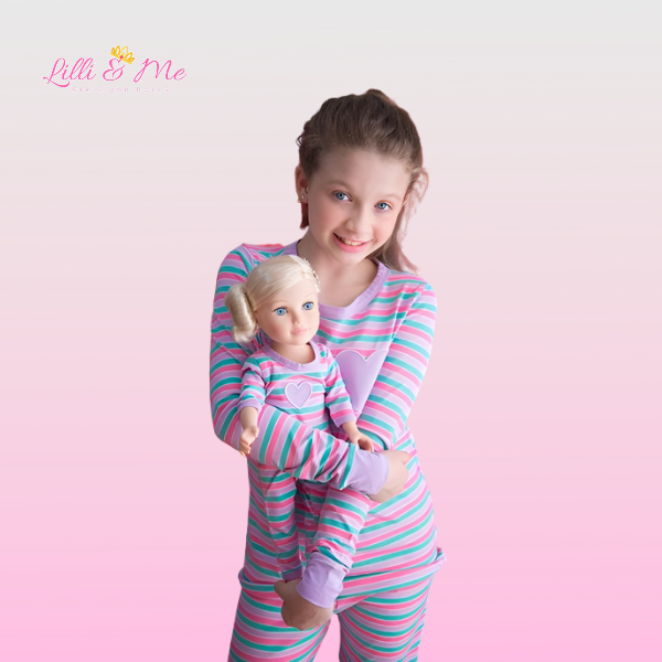 Girls and Dolls Matching Stripe heart 4 Piece Pyjama Sets