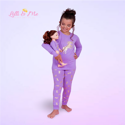 Girls and Dolls Matching Gold Sequin Unicorn 4 Piece Pyjama Sets.